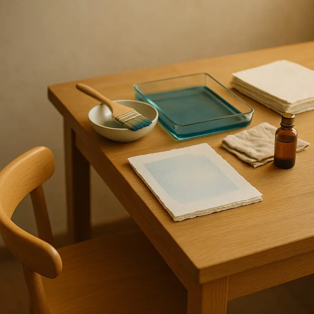 Vue de dessus d'un kit de tirage complet ouvert et organisé géométriquement sur une table